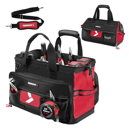 ARROW 17" Large Tool Bag with 36 Multipurpose Pockets, Tool Bags for Men Heavy Duty with Waterproof Hard Base, Reflective Band, Wide Open Mouth Toolbag for Electrician Mechanic Plumber HVAC - size: 17 Inch