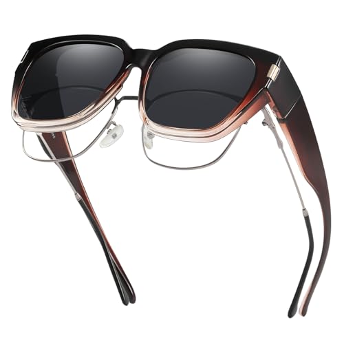 HAOLOTA Polarized Fit Over Glasses Sunglasses for Women Men Trendy Square Wrap Around Shades UV Protection - color: L Size 11 Gradient-brown/Grey