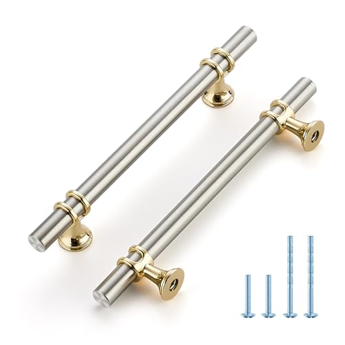 HOME EDIT Brushed Nickel and Brushed Brass Cabinet Handles, 5 Inch Hole Center Modern T-Bar Drawer Pulls, Decorative Hardware for Cabinets, Dressers, and Drawers, 10 Pack - color: Brushed Brass and Brushed Nickel, size: 5 Inch Hole Center
