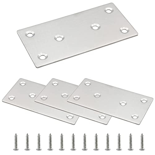 4pcs Metal Flat Straight Brace Bracket, 4'' x 2'' (L x W) Stainless Steel Mending Plate, Joining Bracket Wood Connectors for Furniture Corner Braces with Screws (Silver) - size: 4'' x 2''/ 100mm x 50mm, style: Silver-4pcs