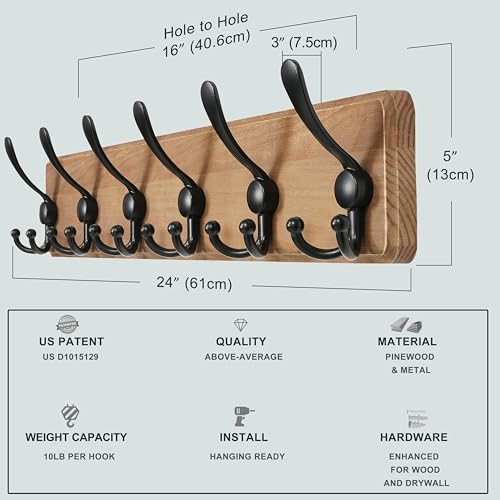 Dseap Coat Rack Wall Mounted - 24" Long 6 Tri Hooks, Heavy Duty Wooden Wall Coat Hanger Coat Hook for Clothes Hat Jacket Clothing, Weathered Brown and Black, Pack of 2 - color: Weathered Brown & Black, size: L=24"