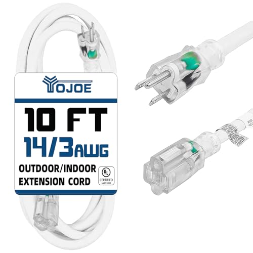 YOJOE Indoor Outdoor Extension Cord with Lighted End, 3 Prong 15A Weatherproof Power Cord, 14 Gauge Heavy Duty 10 ft White Extension Cord for Garage, Garden and Home, 14/3 SJTW UL Listed - color: White, size: 10 Foot