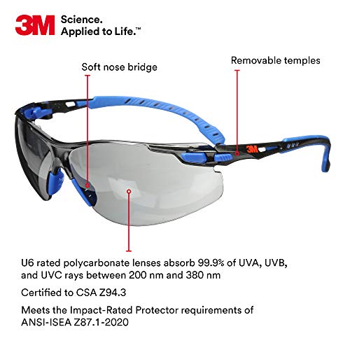 3M Safety Glasses, Solus 1000, S1102SGAF, ANSI Z87, Scotchgard Anti-Fog Gray Lens, Blue/Black Frame, UV Protection, Premium Eye Protection, Padded Temple, Soft Nosebridge - size: Single, style: Gray Lens, Blue/Black Frame