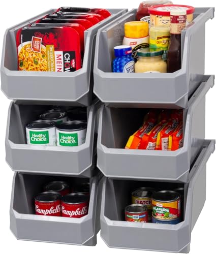 ReadySpace Plastic Containers for Organizing and Storage Bins for Closet, Kitchen, Office, Garage or Pantry Organization, Stackable Bins, Large (14.8" x 8" x 7"), 6-Pack, Grey - color: Grey, size: Large, 6-pack