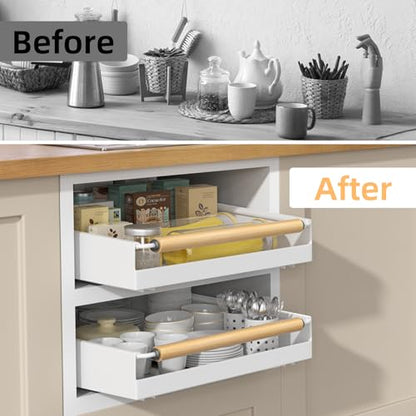 2 Pack No-Drill Pull Out Cabinet Organizer 15.3'' Deep Expandable Slide Out Drawers for Kitchen Pantry & Under Sink Storage, Adhesive Nano Film Mount, White - color: 2 Pack White