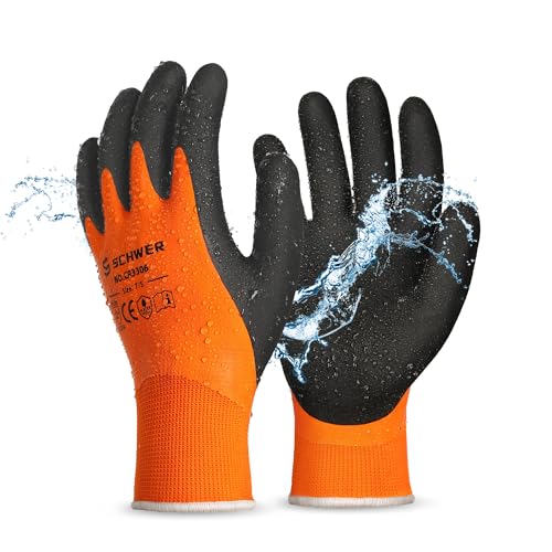 Schwer 2 Pairs Waterproof Work Gloves for Men and Women CR3306, Gardening Gloves with Double Latex Coated, Non-slip Working Gloves, Outdoor Construction, Car and Fish Cleaning, No Fleece Lining, M - color: Waterproof Orange, size: Medium