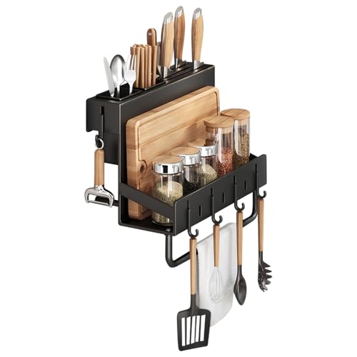Multifunctional Wall-Mounted Knife Holder Kitchen Utensils Holder Spice Storage Organizer Rack for Knives, Spoons, Chopsticks, Towels, Pot Lids, Spice Jars (Black) - color: Black