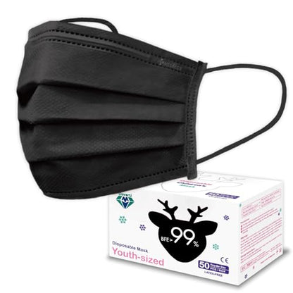 Medtecs Kids Face Mask Disposable - 2 Sizes Option (Child/Youth) 50 PCs - Comfy 3-Ply Breathable Children Masks, The Better Choice - Youth | Black - color: 01. Black, size: Youth - 50 PC