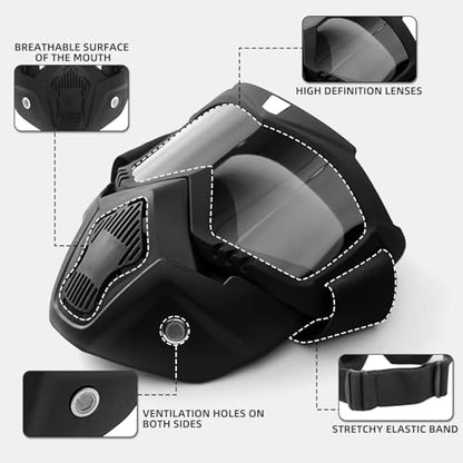 Mask with Detachable Goggles for Riding and Cutting, Anti-Ultraviolet Radiation, Anti-Dust, Anti-Fog HD Lens, Large Viewing Hood, Bluetooth Headset Compatible, Black