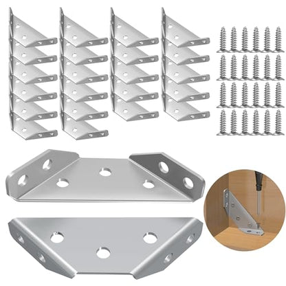 24 Pcs Stainless Steel Corner Brackets with Screws, Angle Connectors for Wood Furniture, Shelves, Chairs, Drawers, Cabinets - size: 24 Pcs