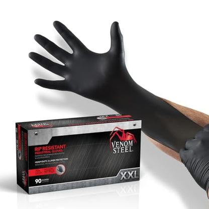 Venom Steel Nitrile Gloves, 6 mil Disposable Latex Free Black Gloves, 2 Layer Rip Resistant Gloves, XX-Large (Pack of 90) - size: XX-Large (Pack of 90)