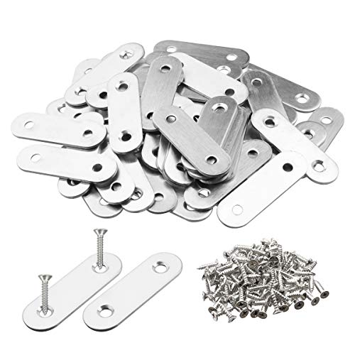 Pack of 50 Flat Corner Brace Plates Metal Joining Plates Connector Repair Bracket with Fixing Screws,,1.57inchx0.6x0.08 inch-2 Holes,Stainless Steel, Silver Color