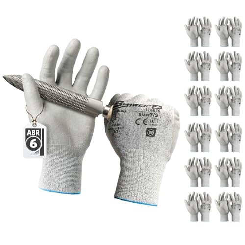 Schwer 12 Pairs Safety Work Gloves with Certified Level 6 Abrasion Resistance, ANSI A2 Cut Resistant Working Gloves with Grip for General Use, Construction, Gardening, Mechanic, 3D-Comfort, LT5636, S - size: Small, style: 12 Pairs