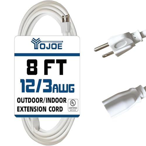 YOJOE Indoor Outdoor Extension Cord, 3 Prong 15A Weatherproof Power Cord, 12 Gauge Heavy Duty 8 ft White Extension Cord for Garage, Garden and Home, 12/3 SJTW UL Listed - color: White, size: 8 Foot, style: 12/3 Standard