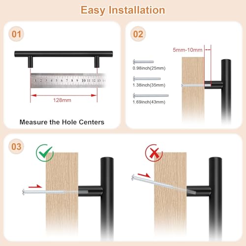 Probrico 5 Pack Holes Centers(128mm) 5Inch Flat Black Cabinet Pulls, Stainless Steel Dresser Drawer Handles, Euro T Bar 7.5inch Length Pull Handle for Kitchen Cabinets - size: Center to Center: 5 inch