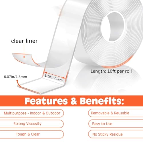 Double Sided Tape Heavy Duty, Nano Double Sided Adhesive Tape, Clear Mounting Tape Picture Hanging Adhesive Strips (9.85FT)
