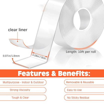 Double Sided Tape Heavy Duty, Nano Double Sided Adhesive Tape, Clear Mounting Tape Picture Hanging Adhesive Strips (9.85FT)