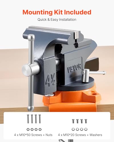 VEVOR Bench Vise, 4.5 Inch, Portable Workbench Vice with 270° Swivel Base, Quick Release Rotating Bench Clamp, Cast Iron Construction, for Woodworking, Metalworking, Drilling, Sawing, Cutting Conduit - size: 4.5inch