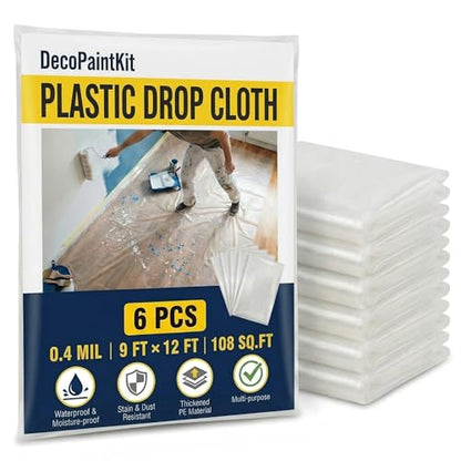 6 Pack 12 x 9 Ft Plastic Drop Cloth for Painting，Clear Waterproof Plastic Sheeting,Painters Drop Cloths for Floor Protection, Furniture Cover, Painting, Home Renovation