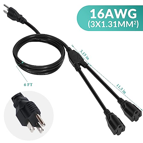 2 Way Power Cord Splitter Cable 6 Ft-3 Prong 1 to 2 Extension Cord-Outlet Saver-Elecan Male to Female Y Splitter Power Extension Cable Strip–UL Certified SJTW 16 Gauge 13 A/125 V–Black - size: 6 FT
