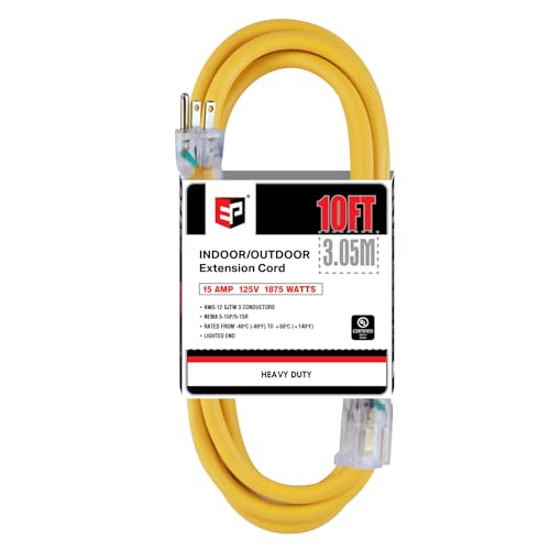 EP 10 ft Lighted Outdoor Extension Cord - 12/3 SJTW Heavy Duty Yellow Extension Cable with 3 Prong Grounded Plug - 15AMP Power Cord for Lawn, Garden, Appliances - color: Yellow, size: 10ft