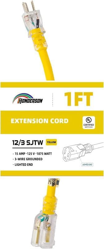 Extension Cord Weatherproof with Lighted End, UL Certified, 12 Gauge 1FT Yellow 3 Prong Heavy Duty, 12/3 SJTW 15A Power Cord for Lights, Lawn - size: 1ft, style: 12/3