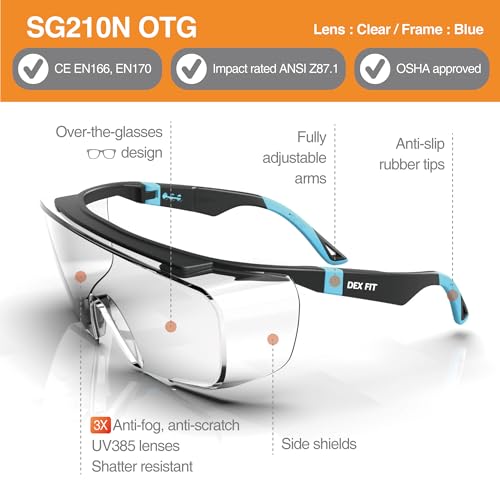 DEX FIT Safety Glasses Over Eyeglasses SG210N - Anti-Fog & Scratch Resistant Z87.1 Certified, Adjustable Temples, Side Shields, UV Protection, Clear Lens PPE for Men & Women; Black & Blue, 1 PC - color: Black/Blue - Clear, size: 1 PC