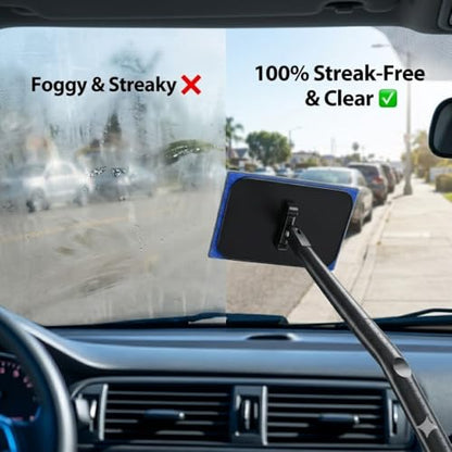 Car Windshield Cleaner Tool with Extendable Handle, Inside Auto Window Glass Cleaning Kit with 5 Washable Microfiber Pads, Streak-Free Defogger Wand for Deep Dashboards & SUVs - color: Deep Blue