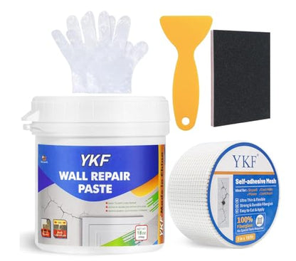 YKF Drywall Repair Kit (18 oz) - Spackle Paste with Scraper & 2X Self-Adhesive Patches (4") - Quick Dry, Waterproof Mending Agent for Large Holes, Plaster (White) - style: 18 oz Kit (with Scraper & 2 Wall Patches)