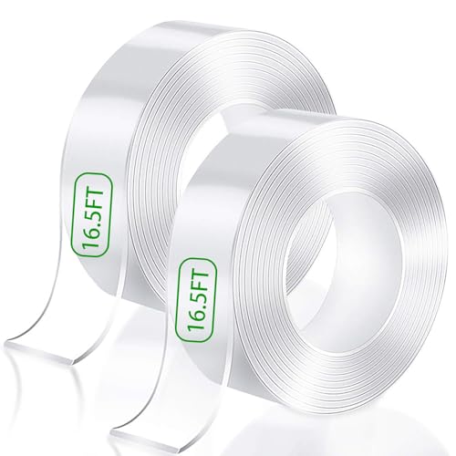 Double Sided Tape Heavy Duty (2 Rolls Total 33 ft), Strong Clear Sticky Tack Mounting Tape, Removable Nano Adhesive Tape for Wall, Home, Office, Picture Hanging, Poster, Rug Fixing Strips - size: 33-ft-roll tape