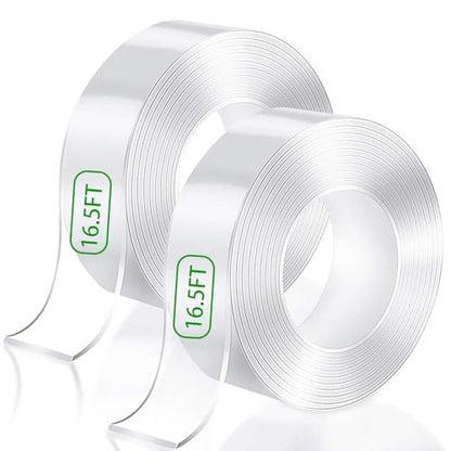 Double Sided Tape Heavy Duty (2 Rolls Total 33 ft), Strong Clear Sticky Tack Mounting Tape, Removable Nano Adhesive Tape for Wall, Home, Office, Picture Hanging, Poster, Rug Fixing Strips - size: 33-ft-roll tape