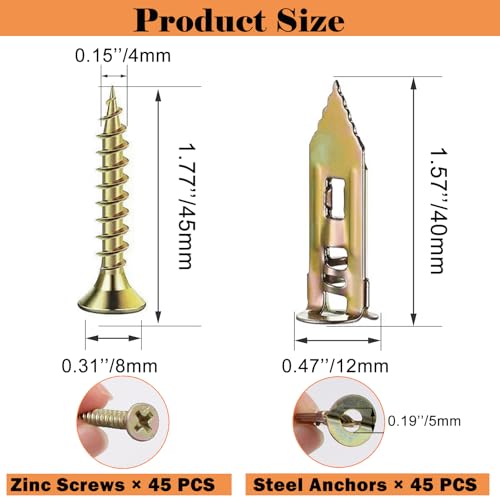 90 Pcs Self Drilling Drywall Anchors with Screws,45 Sheetrock Anchors (0.47x1.57 inch) & 45 Zinc Expansion Screws,2025 Upgraded Zinc Plated Steel,No Drill Needed,Perfect for Wall Hanging - size: 0.47x1.57 inch-90PCS