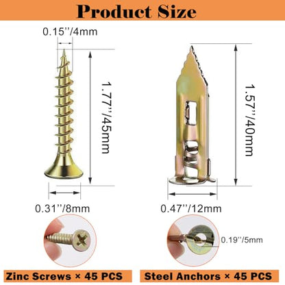 90 Pcs Self Drilling Drywall Anchors with Screws,45 Sheetrock Anchors (0.47x1.57 inch) & 45 Zinc Expansion Screws,2025 Upgraded Zinc Plated Steel,No Drill Needed,Perfect for Wall Hanging - size: 0.47x1.57 inch-90PCS