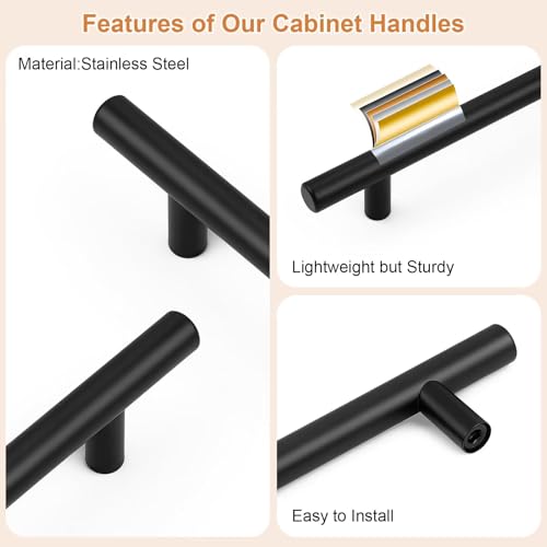Probrico 5 Pack Holes Centers(128mm) 5Inch Flat Black Cabinet Pulls, Stainless Steel Dresser Drawer Handles, Euro T Bar 7.5inch Length Pull Handle for Kitchen Cabinets - size: Center to Center: 5 inch