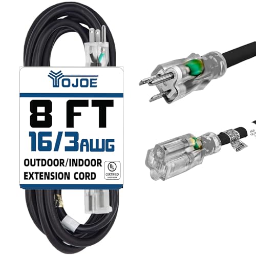 YOJOE Indoor Outdoor Extension Cord with Lighted End, 3 Prong 13A Weatherproof Power Cord, 16 Gauge Heavy Duty 8 ft Black Extension Cord for Garage, Garden and Home, 16/3 SJTW UL Listed - color: Black, size: 8 Foot, style: 16/3 Lighted-End