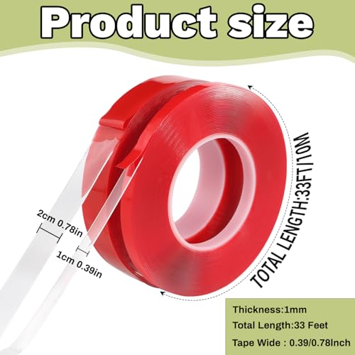 Qoqooice Acrylic Double Sided Tape Heavy Duty Mounting Tape 0.4"/1“ x 33 FT Resistente Clear Super Stick Tape with Acrylic High Tack Strong Adhesive for Outdoor Indoor - size: 0.4 Inch and 1 Inch x 33FT