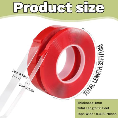 Qoqooice Acrylic Double Sided Tape Heavy Duty Mounting Tape 0.4"/1“ x 33 FT Resistente Clear Super Stick Tape with Acrylic High Tack Strong Adhesive for Outdoor Indoor - size: 0.4 Inch and 1 Inch x 33FT