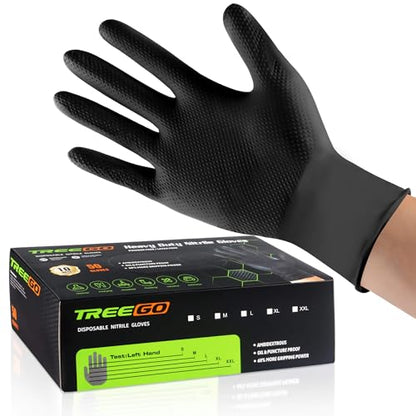 TREEGO 10 Mil Black Nitrile Gloves Heavy Duty — Diamond Texture Grip, Latex Free Disposable Mechanic Gloves, X-Large, 50 Count - color: Black 50, size: X-Large