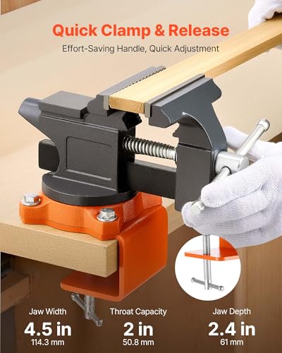 VEVOR Bench Vise, 4.5 Inch, Portable Workbench Vice with 270° Swivel Base, Quick Release Rotating Bench Clamp, Cast Iron Construction, for Woodworking, Metalworking, Drilling, Sawing, Cutting Conduit - size: 4.5inch