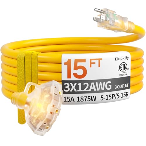15ft 12 Gauge Heavy Duty 3 Outlet Extension Cord Splitter with Indicator, Waterproof Outdoor Extension Cord with Multiple Outlets, 15A 1875W for Garden, ETL Listed, Flexible Yellow SJTW - size: 15ft
