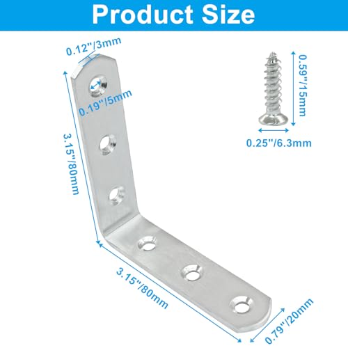 4 Pcs Stainless Steel Corner Brace L Bracket, 3*3*0.8 inch / 80*80*20mm Iron Right Angle Brackets, Metal Joint Right Angle Bracket for Tables, Furniture, Shelves with Screws - size: 3"- 80mm-Silver