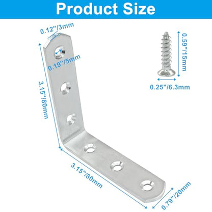4 Pcs Stainless Steel Corner Brace L Bracket, 3*3*0.8 inch / 80*80*20mm Iron Right Angle Brackets, Metal Joint Right Angle Bracket for Tables, Furniture, Shelves with Screws - size: 3"- 80mm-Silver