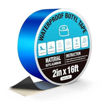 Blue Waterproof Tape 2in x 16ft, Super Sticky Outdoor Repair Butyl Tape for Pool Cover, Metal Roof Crack Sealing, Boat, RV Awning, Leak Proof Patch - size: 2in x 16ft