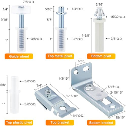 Bifold Door Hardware Repair Kit 2 Set, Includes Top and Bottom Brackets, Pivots, and Guide Wheel for Sliding Closet, Barn Door,Pocket, and Accordion