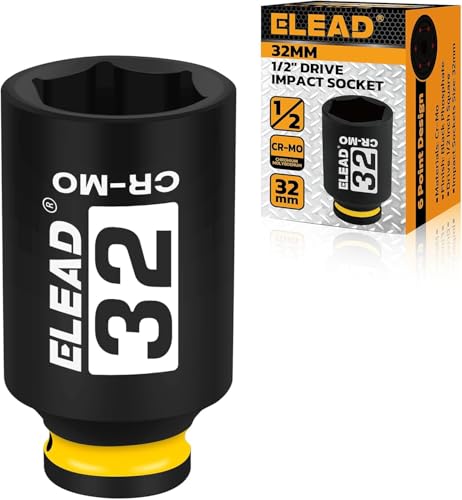 ELEAD 32 mm Socket 1/2" Drive Deep Impact Socket, Metric 6 Point 1/2-inch Drive Impact Axle Nut Sockets, CR-MO Nut Socket Set, Tools for Easy Removal of Axle Shaft Nuts - color: 32mm