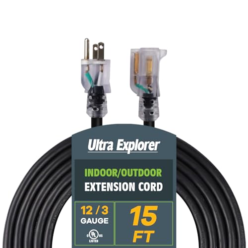 Indoor Outdoor Extension Cord Waterproof 15 FT, 12 Gauge Heavy Duty Black Extension Cord SJTW, Flexible Cold-Resistant 3 Prong Grounded Power Cord for Lawn, Garden, Appliance, UL Listed - color: Black, size: 15 ft