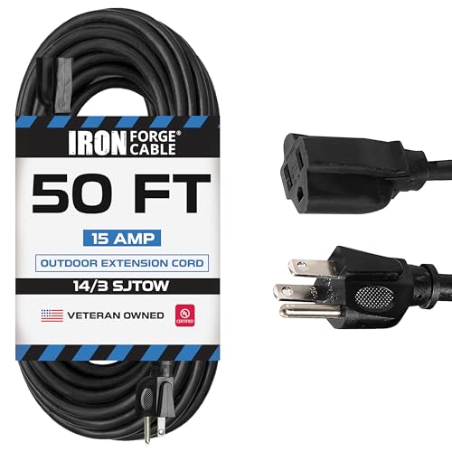 Iron Forge Cable 14 Gauge Outdoor Extension Cord 50 Ft, SJTOW 14/3 Heavy Duty Black Extension Cord 3 Prong, Oil Resistant & Flame Retardant - size: 50 Foot