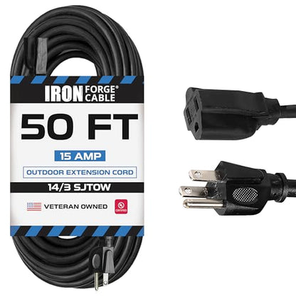 Iron Forge Cable 14 Gauge Outdoor Extension Cord 50 Ft, SJTOW 14/3 Heavy Duty Black Extension Cord 3 Prong, Oil Resistant & Flame Retardant - size: 50 Foot