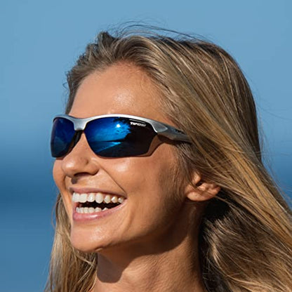 Tifosi Intense Sport Sunglasses Men & Women - Ideal For Golf, Pickleball, Running & Tennis. Vented Lenses Prevent Fogging - color: Silver W/Smoke Lens Blue Mirror