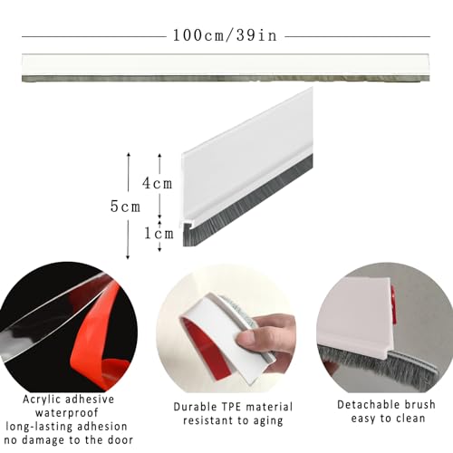 Door Draft Stopper with Brush Reduce Noise, 39" Rubber Door Sweep Breeze Blocker, Adjustable Under Door Draft Stoppers, Soundproofing for Doors, Door Seal - White
